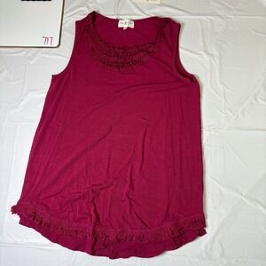 Thyme & Honey Womens Crochet Neck Fringe Hem Tank Top Burgundy Wine Large NWT